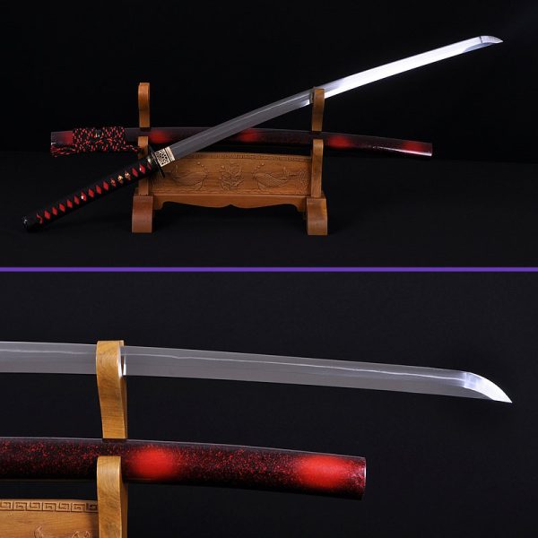 Full View Alt, 1060 Folded & Clay-Tempered Steel Curved Blade, Iron Tsuba Fittings, Red Speckles on Black Saya & Red Dots on Black Sageo, Black Handwrap & Red Rayskin Underwrap Katana Sword Full View Alt, 1060 Folded & Clay-Tempered Steel Curved Blade, Iron Tsuba Fittings, Red Speckles on Black Saya & Red Dots on Black Sageo, Black Handwrap & Red Rayskin Underwrap Katana Sword