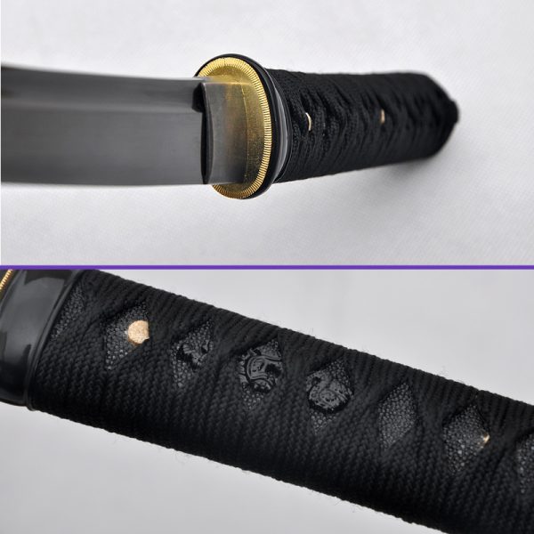 Habaki & Seppa Menuki, 1060 High-Carbon Steel with Black Microplated Curved Blade, Iron Tsuba, Black Saya & Black Sageo, Black Handwrap & Black Rayskin Underwrap Wakizashi Sword Habaki & Seppa Menuki, 1060 High-Carbon Steel with Black Microplated Curved Blade, Iron Tsuba, Black Saya & Black Sageo, Black Handwrap & Black Rayskin Underwrap Wakizashi Sword