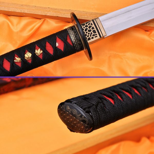 Habaki, Fuchi & Koshira View, 1060 Folded & Clay-Tempered Steel Curved Blade, Iron Tsuba Fittings, Red Speckles on Black Saya & Red Dots on Black Sageo, Black Handwrap & Red Rayskin Underwrap Katana Sword Habaki, Fuchi & Koshira View, 1060 Folded & Clay-Tempered Steel Curved Blade, Iron Tsuba Fittings, Red Speckles on Black Saya & Red Dots on Black Sageo, Black Handwrap & Red Rayskin Underwrap Katana Sword