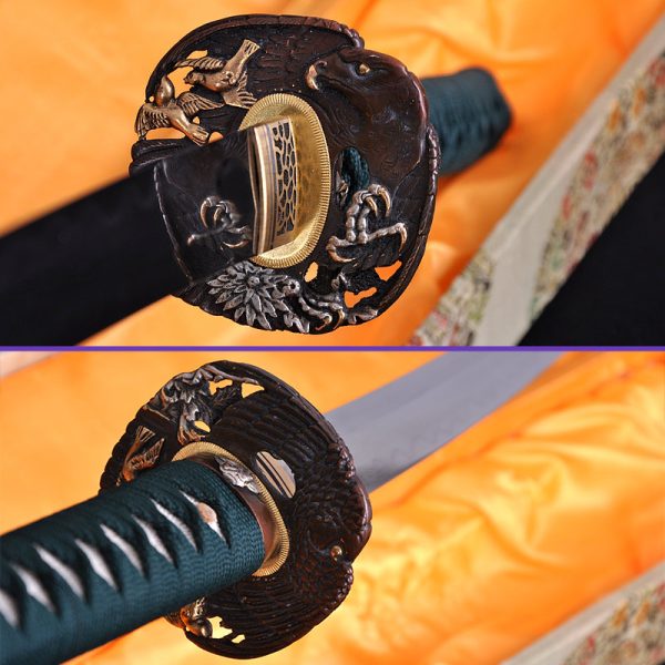 Tsuba Closeup, 1060 Folded & Clay-Tempered Steel Curved Blade, Black Saya & Dark Green Sageo, Dark Green Handwrap & White Rayskin Underwrap Katana Sword Tsuba Closeup, 1060 Folded & Clay-Tempered Steel Curved Blade, Black Saya & Dark Green Sageo, Dark Green Handwrap & White Rayskin Underwrap Katana Sword