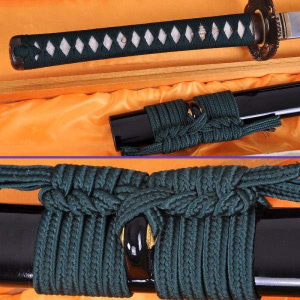 Handle & Sageo Closeup, 1060 Folded & Clay-Tempered Steel Curved Blade, Black Saya & Dark Green Sageo, Dark Green Handwrap & White Rayskin Underwrap Katana Sword Handle & Sageo Closeup, 1060 Folded & Clay-Tempered Steel Curved Blade, Black Saya & Dark Green Sageo, Dark Green Handwrap & White Rayskin Underwrap Katana Sword