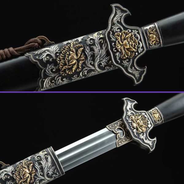 Handle Close Up View, Damascus Folded & Clay-Tempered Steel, Peony Mudang Jian Sword/Saber, Black Ebony Wood Scabbard & Tsuka, Brass Fittings, Mountings & Guard Handle Close Up View, Damascus Folded & Clay-Tempered Steel, Peony Mudang Jian Sword/Saber, Black Ebony Wood Scabbard & Tsuka, Brass Fittings, Mountings & Guard
