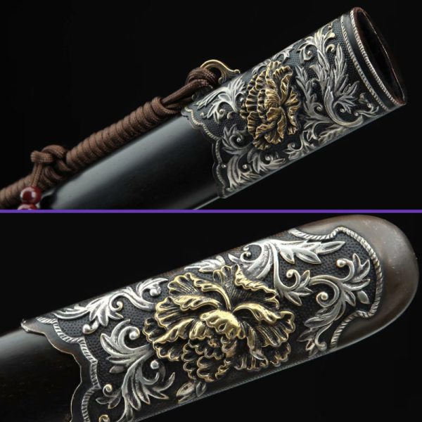 Scabbard Close Up View, Damascus Folded & Clay-Tempered Steel, Peony Mudang Jian Sword/Saber, Black Ebony Wood Scabbard & Tsuka, Brass Fittings, Mountings & Guard Scabbard Close Up View, Damascus Folded & Clay-Tempered Steel, Peony Mudang Jian Sword/Saber, Black Ebony Wood Scabbard & Tsuka, Brass Fittings, Mountings & Guard