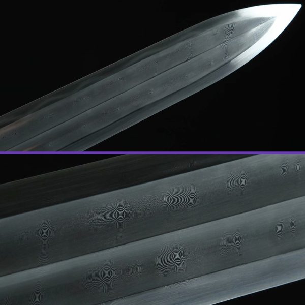 Blade Tip Close Up View, Damascus Folded & Clay-Tempered Steel, Peony Mudang Jian Sword/Saber, Black Ebony Wood Scabbard & Tsuka, Brass Fittings, Mountings & Guard Blade Tip Close Up View, Damascus Folded & Clay-Tempered Steel, Peony Mudang Jian Sword/Saber, Black Ebony Wood Scabbard & Tsuka, Brass Fittings, Mountings & Guard