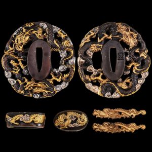 Neverending Dragon - Brass Tsuba & Fittings (Koshira, Menuki, Fuchi) - Japanese Katana, Ninjato, Wakizashi, Tanto - Swords For Sale