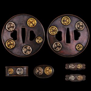 Pentagon Emblems - Brass Tsuba & Fittings (Koshira, Menuki, Fuchi) - Japanese Katana, Ninjato, Wakizashi, Tanto - Swords For Sale