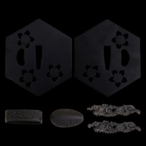 Triple Blossoms - Iron Tsuba & Fittings (Koshira, Menuki, Fuchi) for Japanese Katana, Ninjato, Wakizashi, Tanto - Swords For Sale