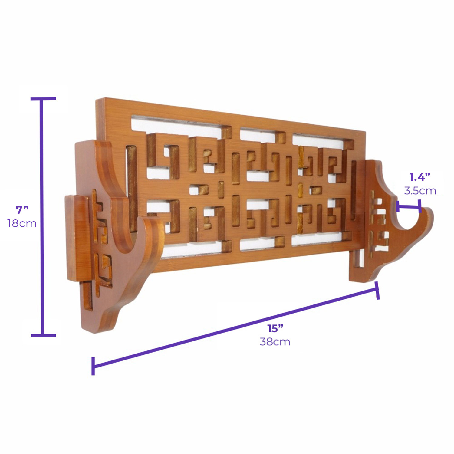 Full View with Measurements - Single Hollow Natural Bamboo Wall-Mounted Swords Stand - Swords For Sale