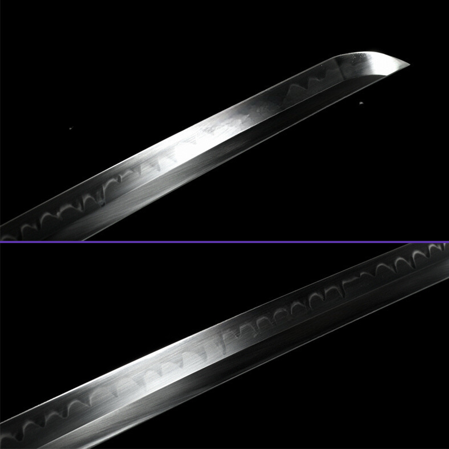 Blade Closeup View - 1095 Clay Tempered Midare Hamon Steel Seas Waves Alloy Tsuba Fittings Light Hualee Wood Saya Katana - Swords For Sale