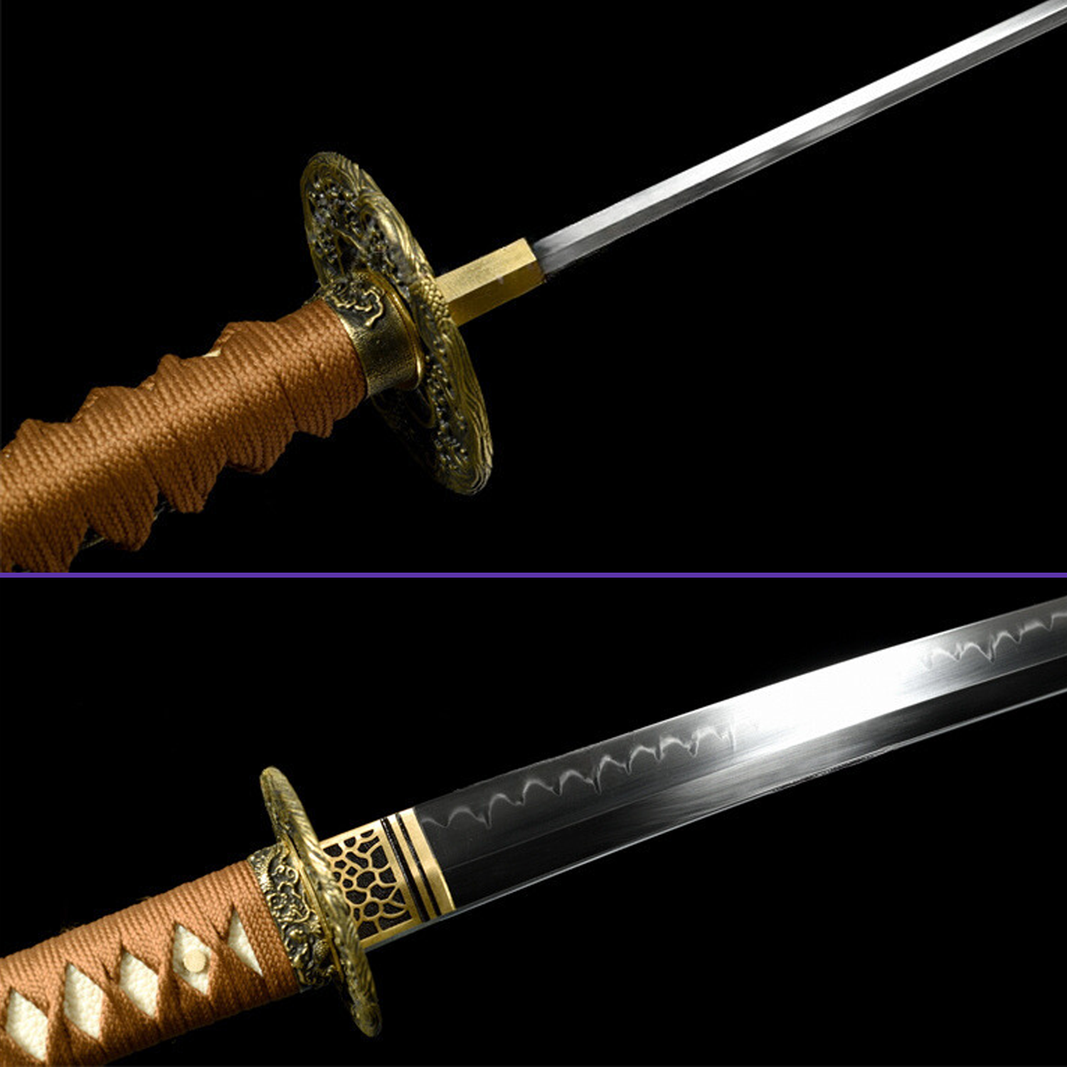 Fuchi View- 1095 Clay Tempered Midare Hamon Steel Seas Waves Alloy Tsuba Fittings Light Hualee Wood Saya Katana - Swords For Sale