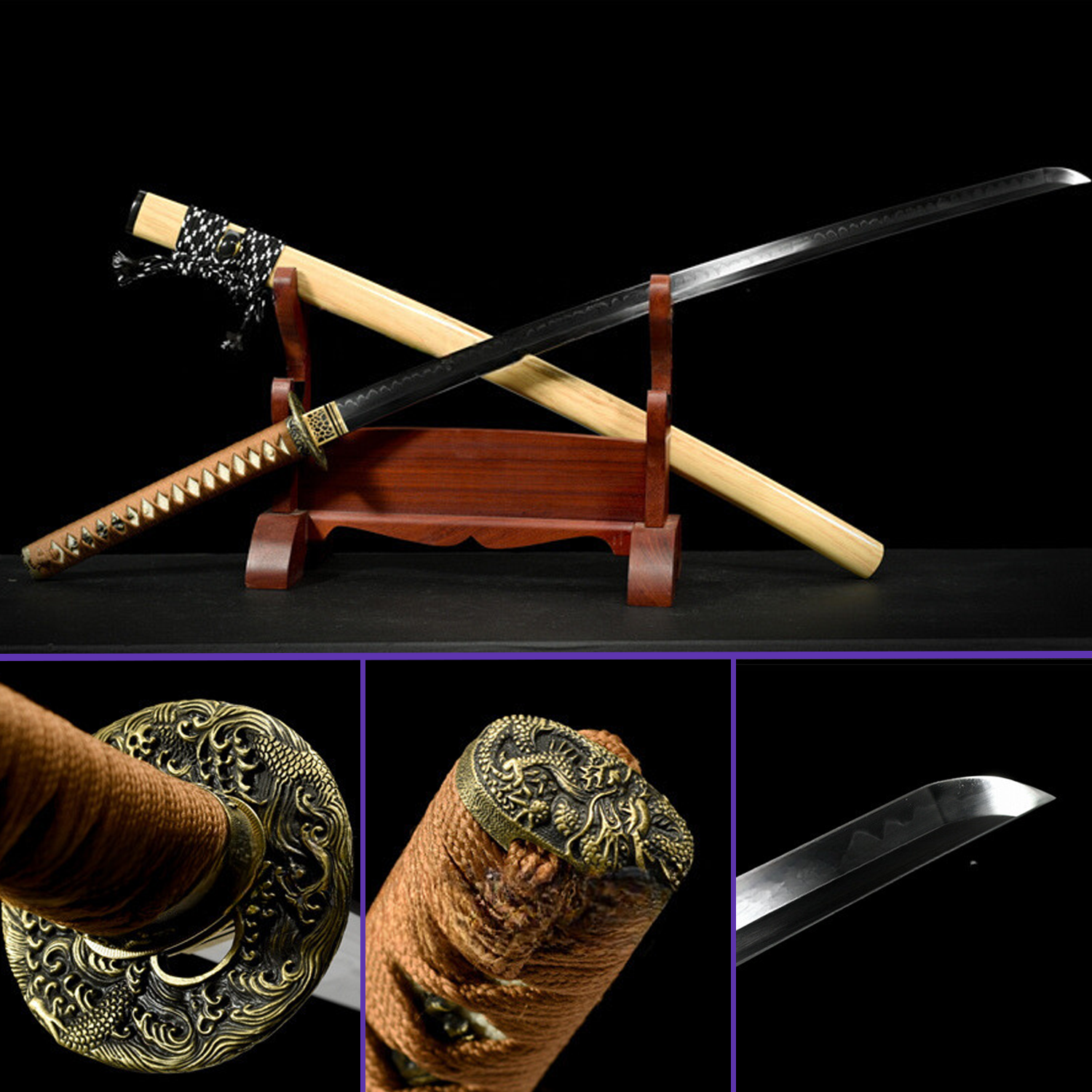 Full View - 1095 Clay Tempered Midare Hamon Steel Seas Waves Alloy Tsuba Fittings Light Hualee Wood Saya Katana - Swords For Sale