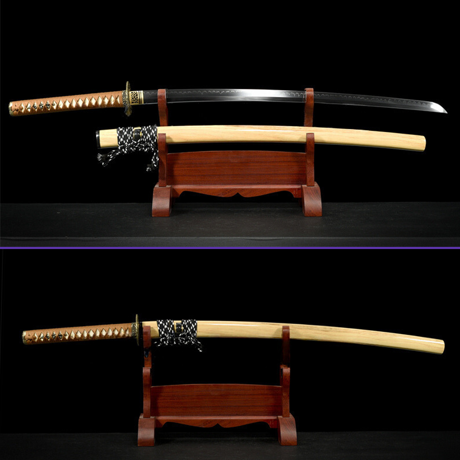 Full View Alternate- 1095 Clay Tempered Midare Hamon Steel Seas Waves Alloy Tsuba Fittings Light Hualee Wood Saya Katana - Swords For Sale