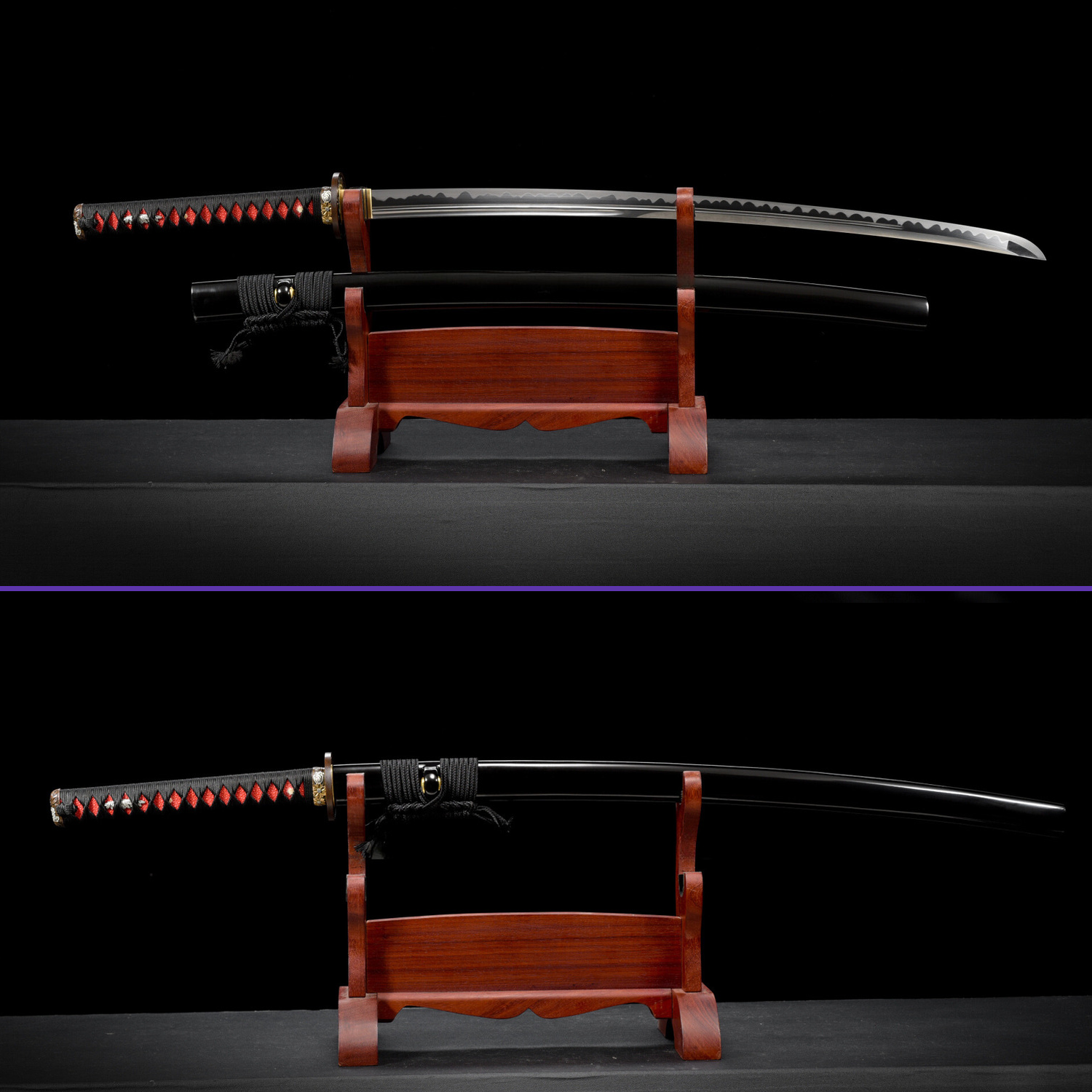 Full View Alternate - 1095 High Carbon Abrasive Hamon Double BoHi Steel - Black Red Theme Katana - Swords For Sale