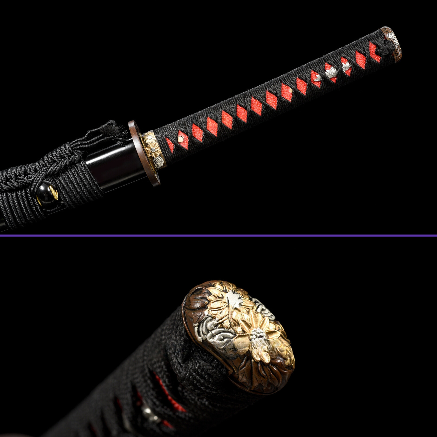 Same Kashira - 1095 High Carbon Abrasive Hamon Double BoHi Steel - Black Red Theme Katana - Swords For Sale