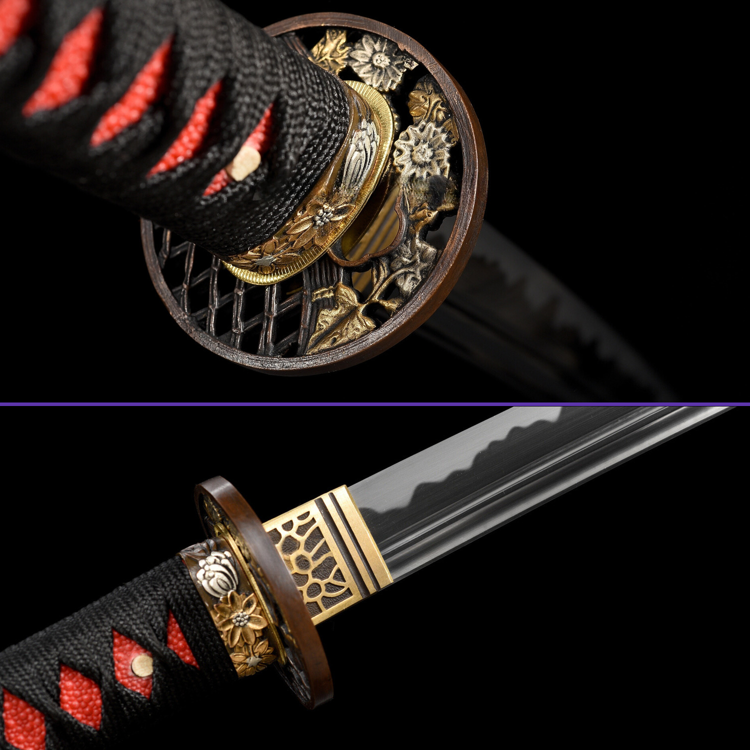 Tsuba Habaki - 1095 High Carbon Abrasive Hamon Double BoHi Steel - Black Red Theme Katana - Swords For Sale