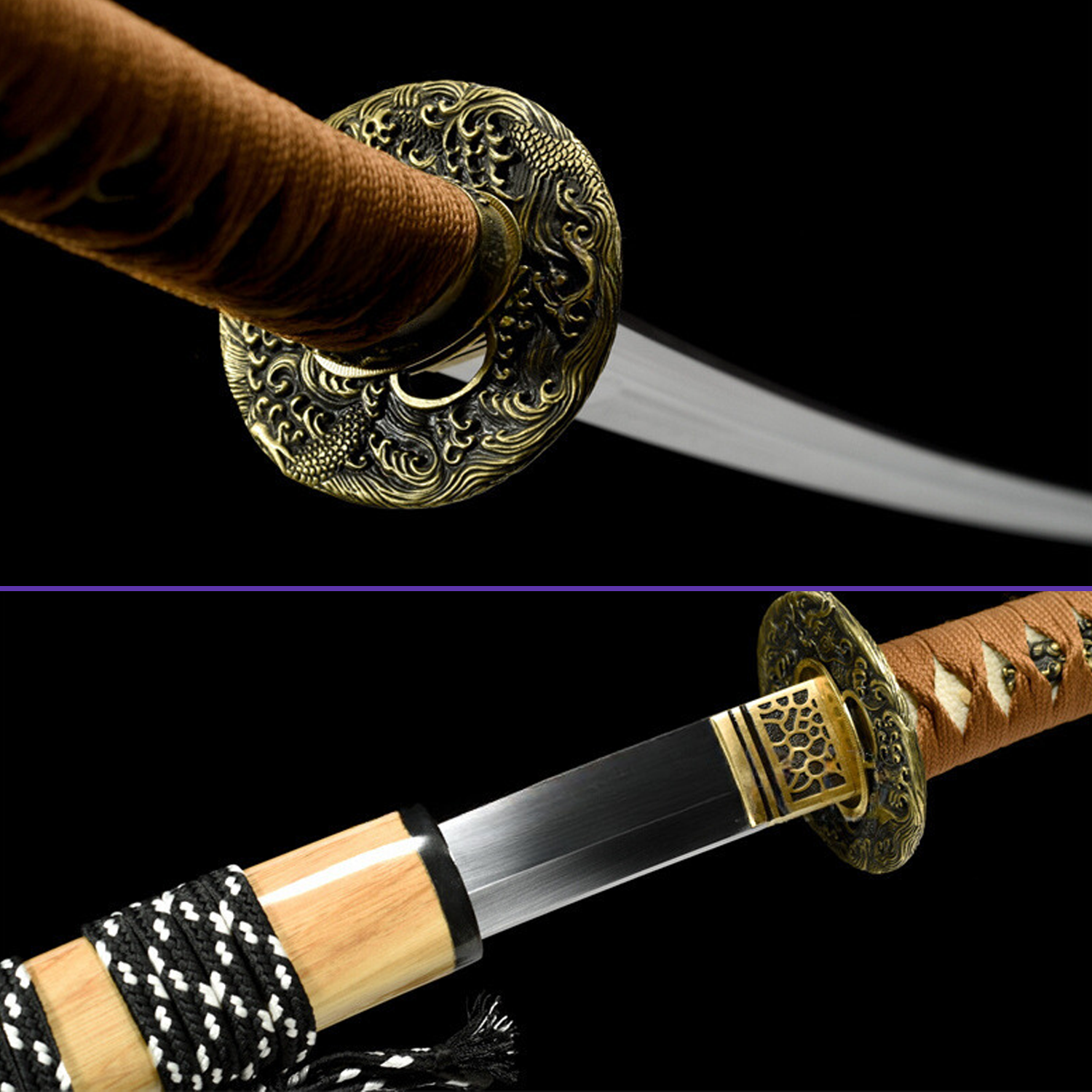 Tsuba Habaki View - 1095 Clay Tempered Midare Hamon Steel Seas Waves Alloy Tsuba Fittings Light Hualee Wood Saya Katana - Swords For Sale
