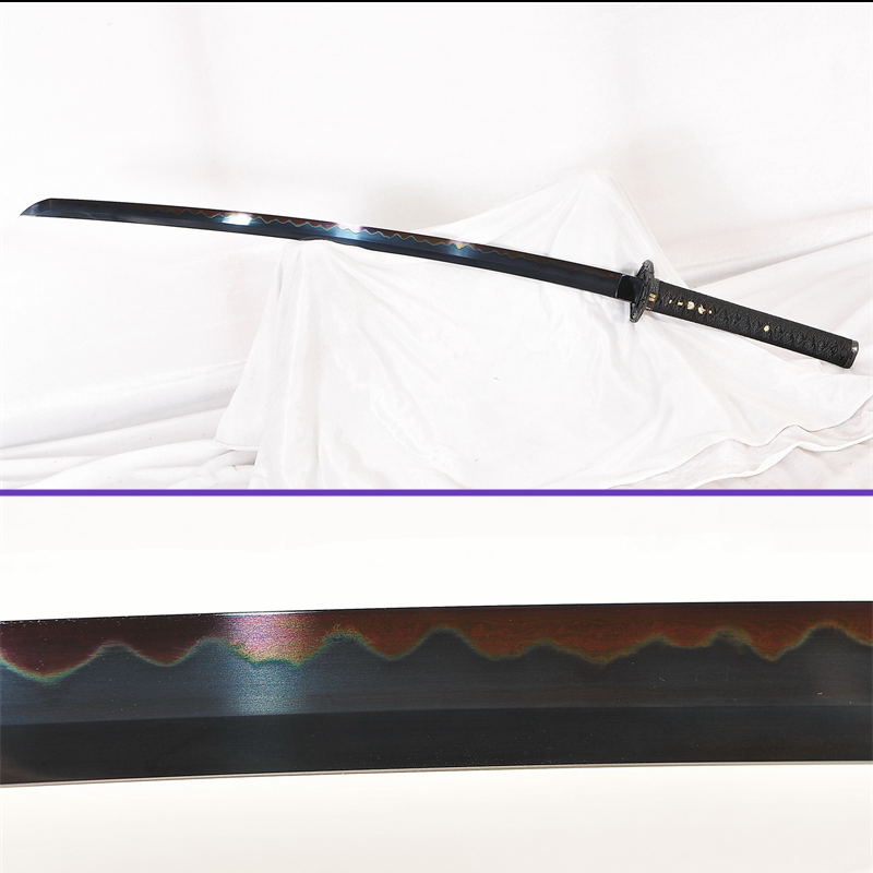 Alternate Blade Closeup View - Sanmai Clay-Tempered Gunome Hamon Steel Blade - Full Black_Theme - The Jungle Iron Tsuba Katana - Swords For Sale