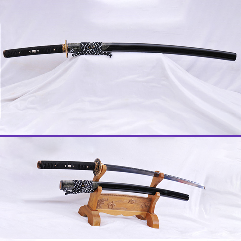 Alternate Full View - 1095 Clay Tempered Gunome Hamon + Kiriha Zukuri Steel Blade - Gray Rayskin Black Premium Saya Katana - Swords For Sale