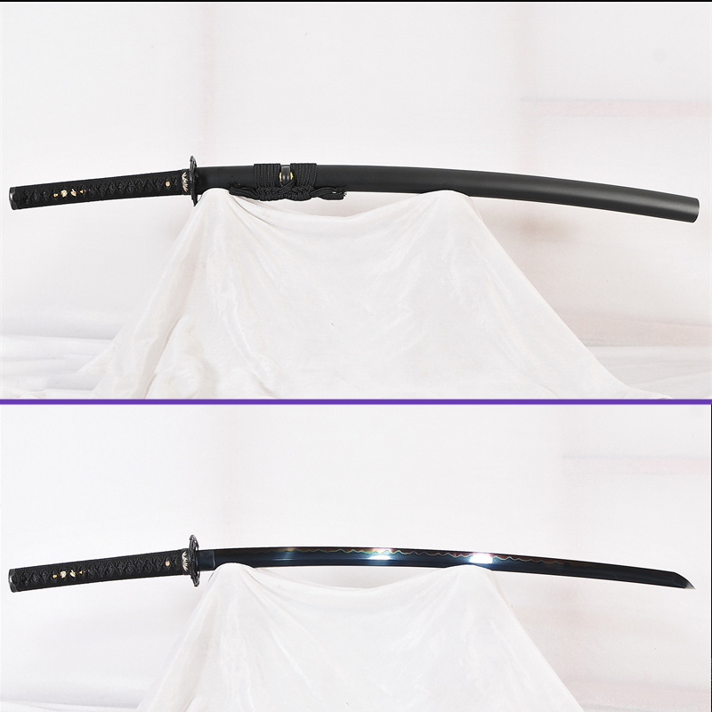 Alternate Full View - Sanmai Clay-Tempered Gunome Hamon Steel Blade - Full Black_Theme - The Jungle Iron Tsuba Katana - Swords For Sale