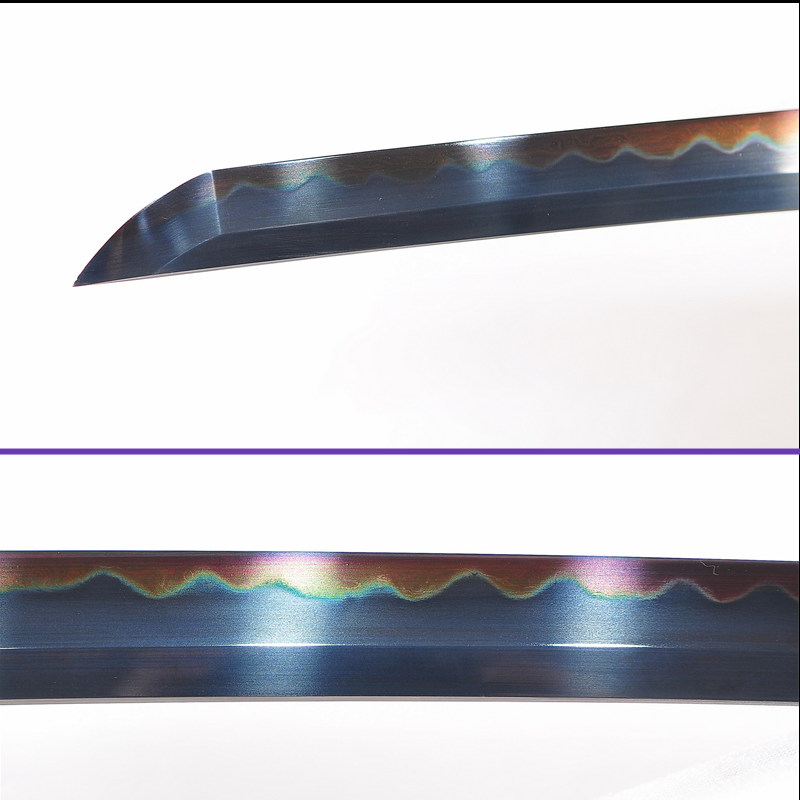 Blade Closeup View - Sanmai Clay-Tempered Gunome Hamon Steel Blade - Full Black_Theme - The Jungle Iron Tsuba Katana - Swords For Sale