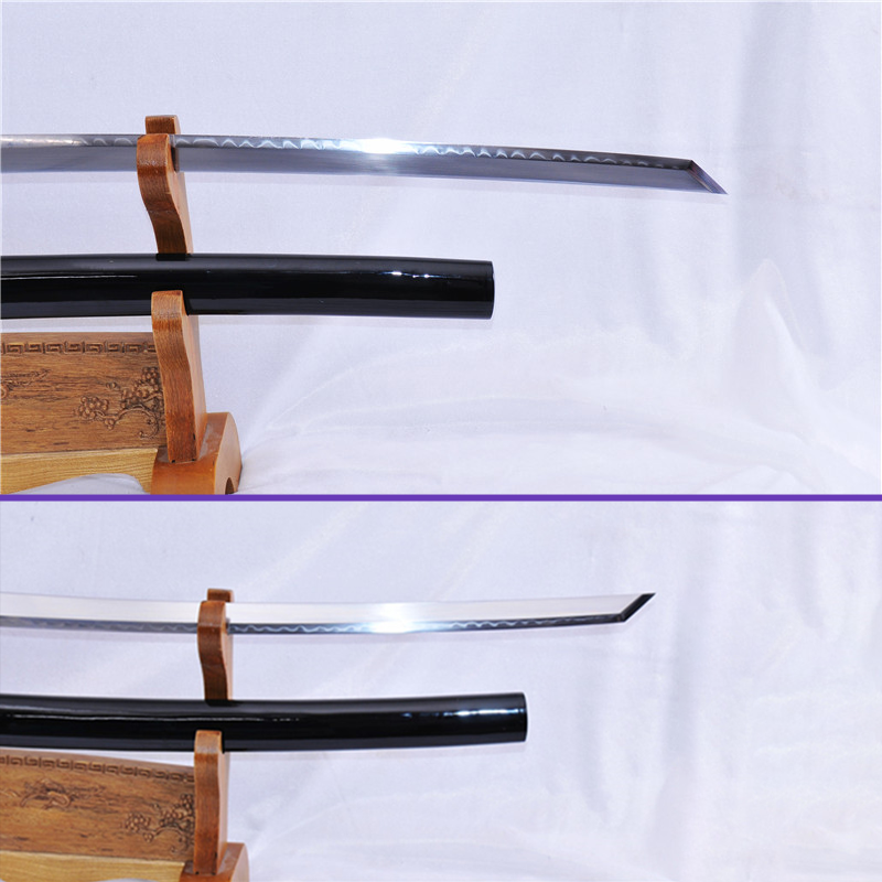 Blade Closeup View - 1095 Clay Tempered Gunome Hamon + Kiriha Zukuri Steel Blade - Gray Rayskin Black Premium Saya Katana - Swords For Sale