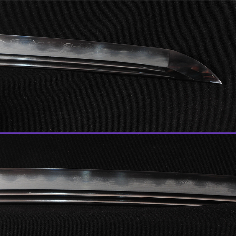Blade Closeup View- 1095 Folded Clay Tempered Notare Hamon Steel Blade - Complex Jungle Premium Brass Tsuba - Ultimate Red Seashell Saya Katana - Swords For Sale