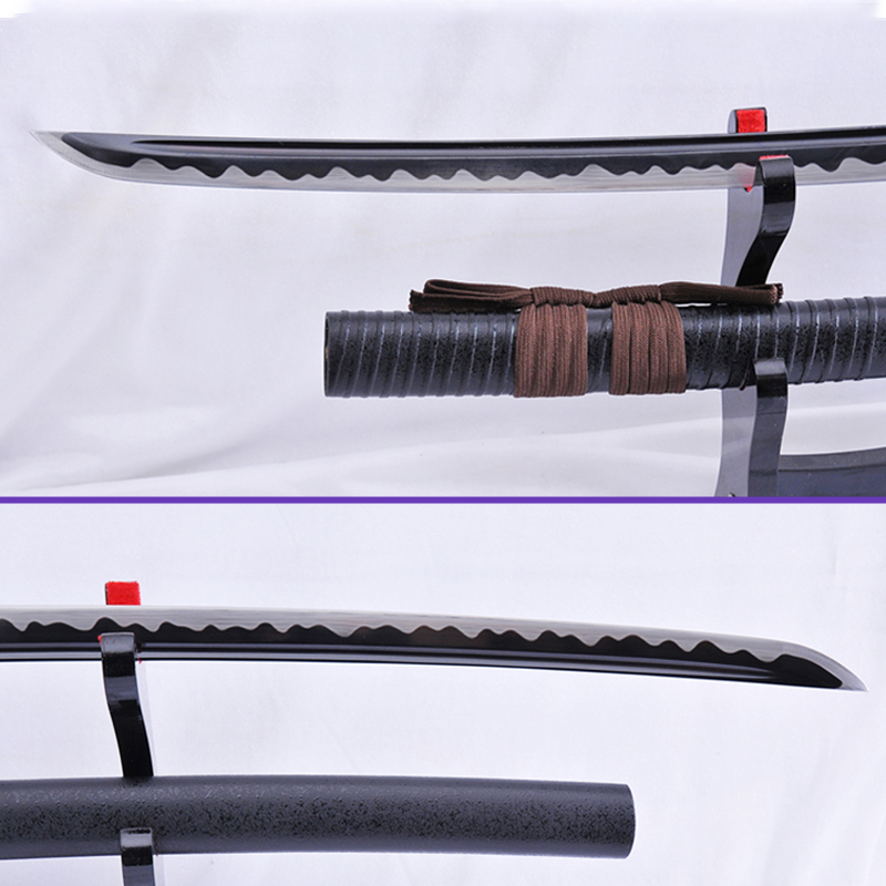 Blade Closeup View - 1095 High-Carbon Abrasive Hamon Black Microplating Steel Blade - Half Rugged Black Premium Saya Katana - Swords For Sale