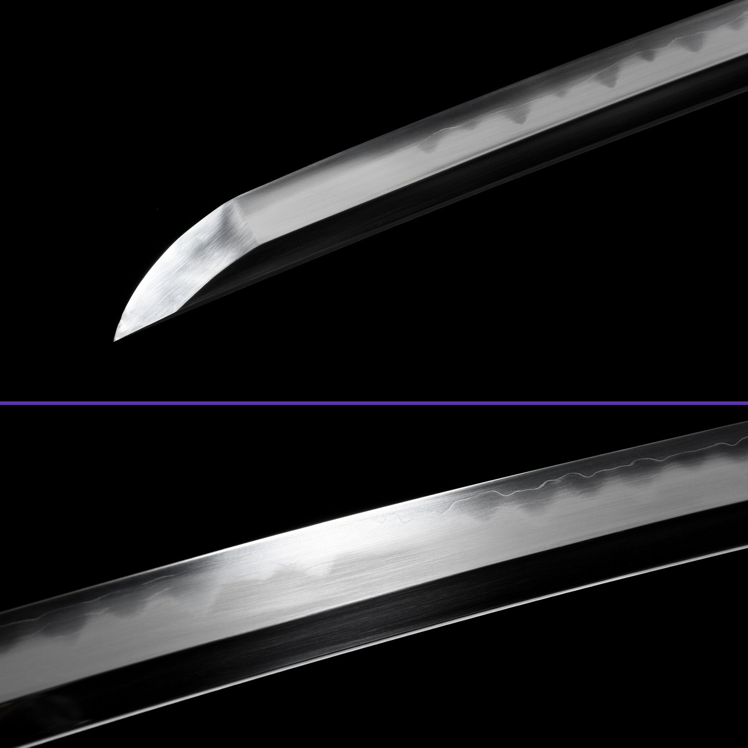 Blade Closeup View - 1095 Clay-Tempered Gunome Hamon Steel Blade - Black & Brown Theme - Brown Rayskin Premium Saya - Swords For Sale