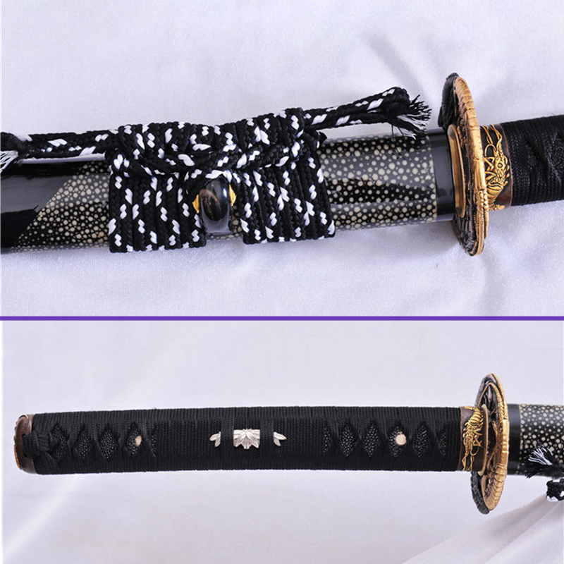 Fuchi Same Sageo - 1095 Clay Tempered Gunome Hamon + Kiriha Zukuri Steel Blade - Gray Rayskin Black Premium Saya Katana - Swords For Sale