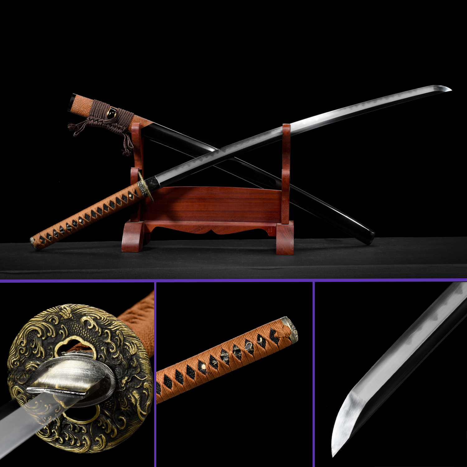 Full View - 1095 Clay-Tempered Gunome Hamon Steel Blade - Black & Brown Theme - Brown Rayskin Premium Saya - Swords For Sale