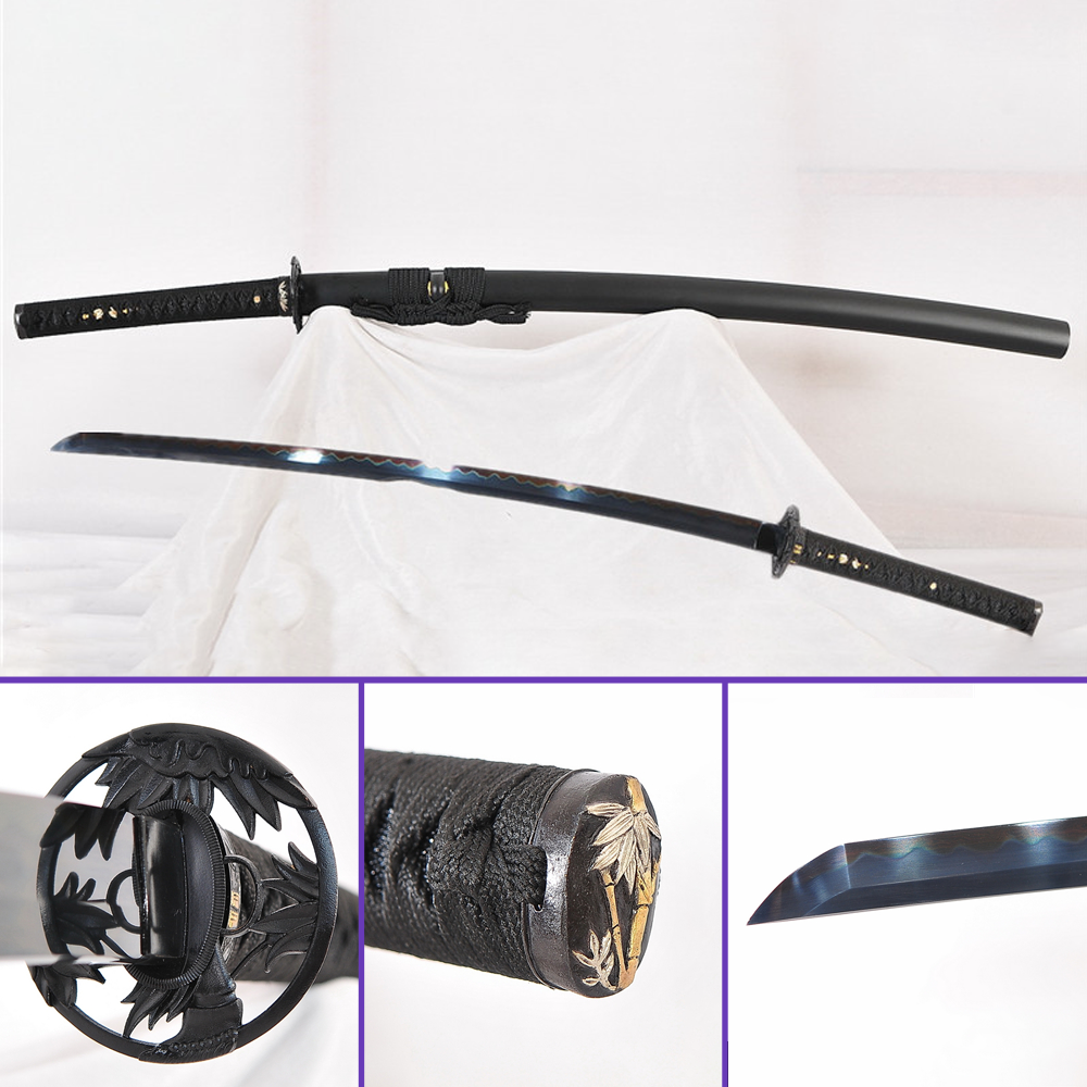 Full View - Sanmai Clay-Tempered Gunome Hamon Steel Blade - Full Black_Theme - The Jungle Iron Tsuba Katana - Swords For Sale