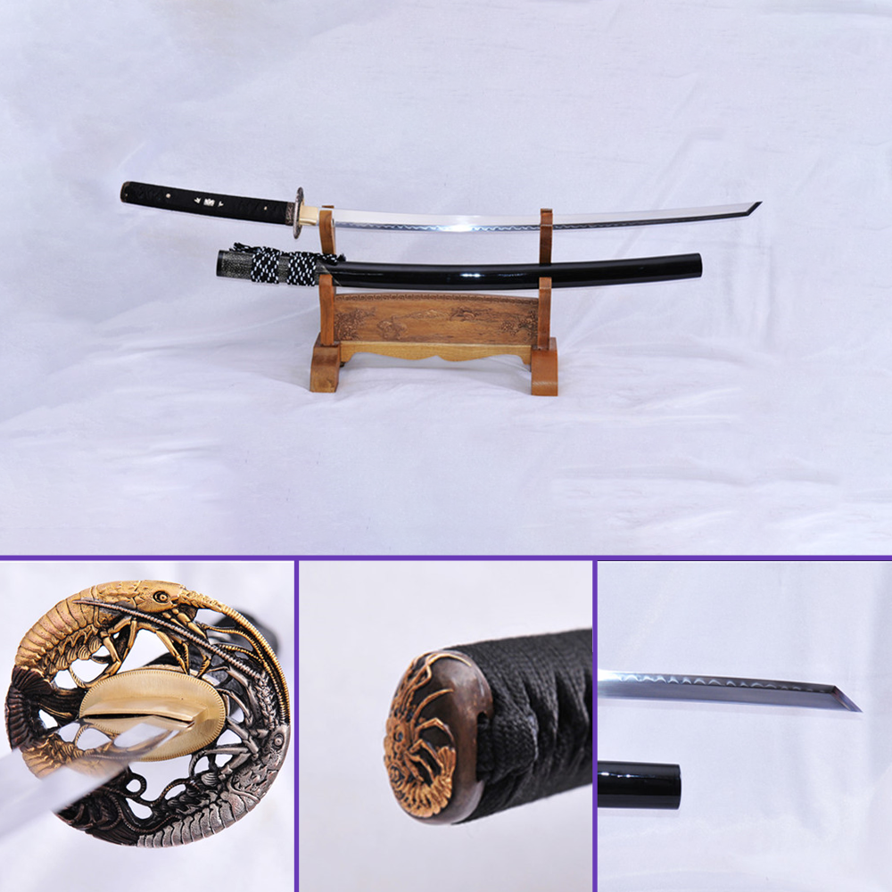 Full View - 1095 Clay Tempered Gunome Hamon + Kiriha Zukuri Steel Blade - Gray Rayskin Black Premium Saya Katana - Swords For Sale