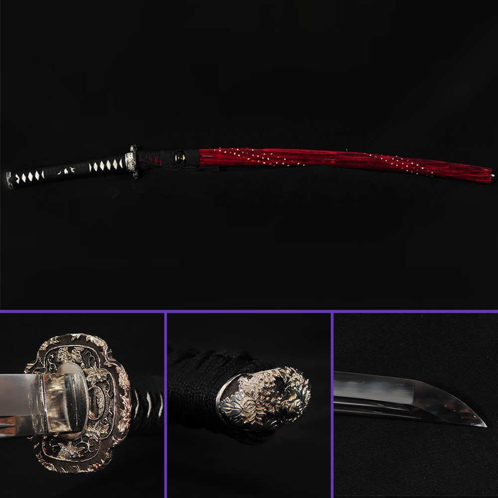 Full View - 1095 Folded Clay Tempered Notare Hamon Steel Blade - Complex Jungle Premium Brass Tsuba - Ultimate Red Seashell Saya Katana - Swords For Sale
