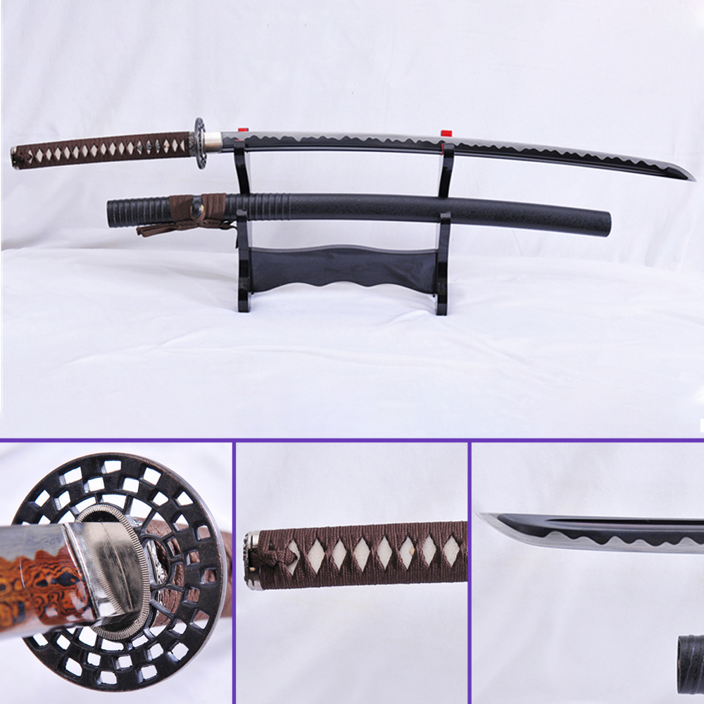 Full View - 1095 High-Carbon Abrasive Hamon Black Microplating Steel Blade - Half Rugged Black Premium Saya Katana - Swords For Sale