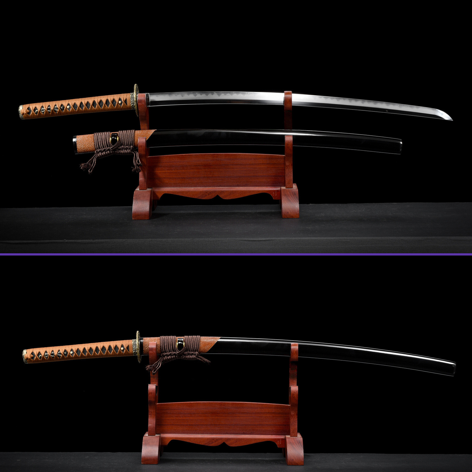 Full View Alternate - 1095 Clay-Tempered Gunome Hamon Steel Blade - Black & Brown Theme - Brown Rayskin Premium Saya - Swords For Sale