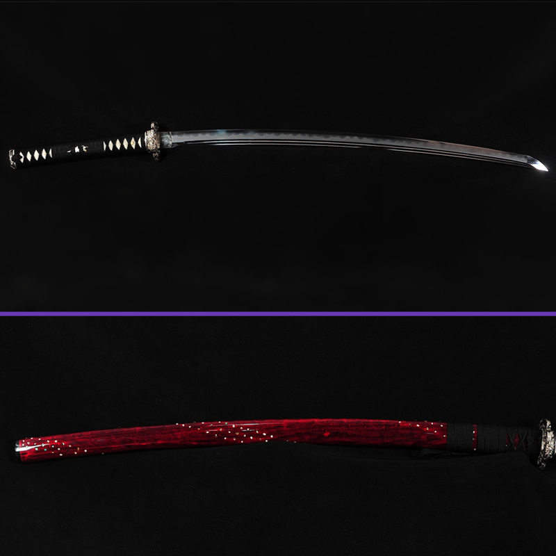 Full View Alternate- 1095 Folded Clay Tempered Notare Hamon Steel Blade - Complex Jungle Premium Brass Tsuba - Ultimate Red Seashell Saya Katana - Swords For Sale