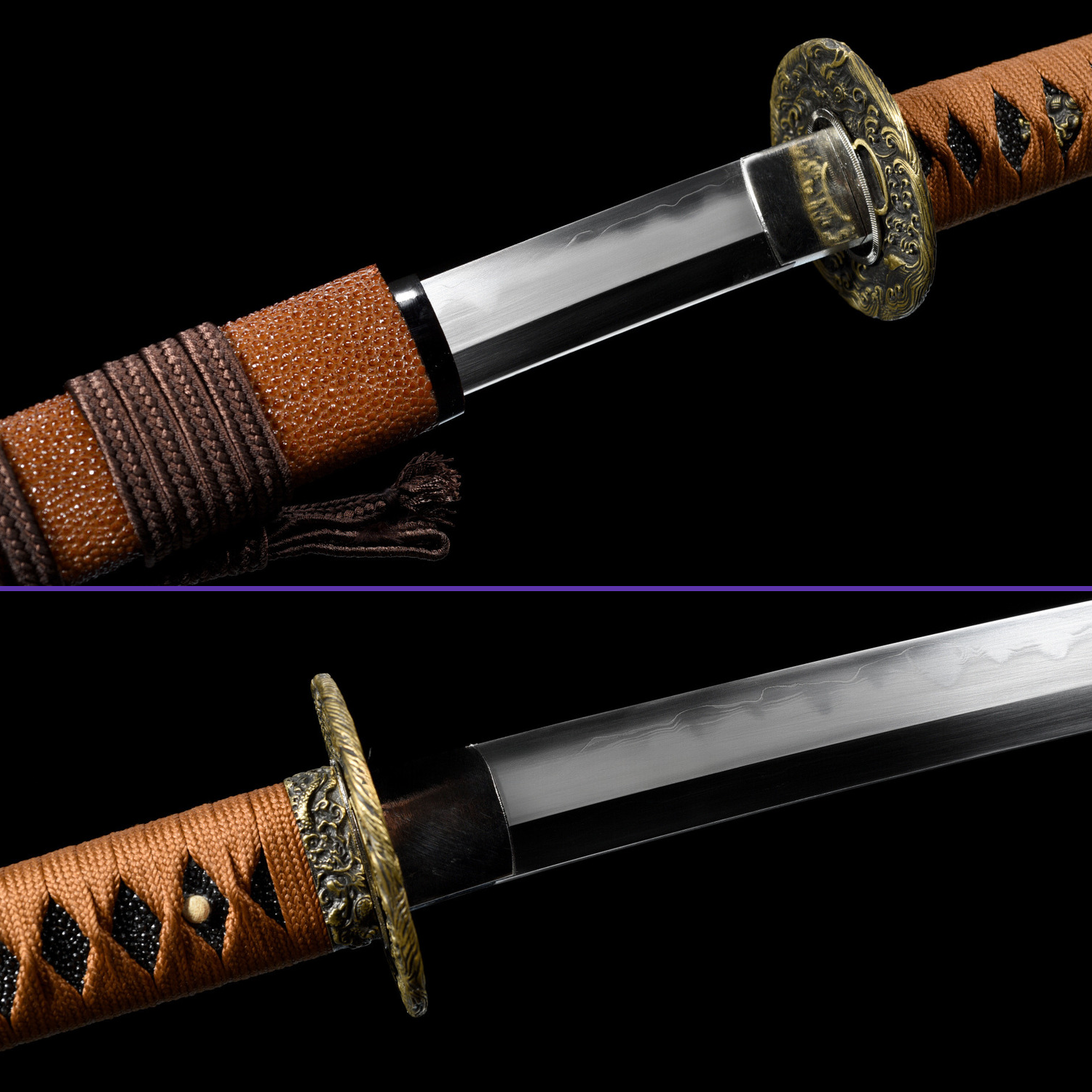 Sageo - 1095 Clay-Tempered Gunome Hamon Steel Blade - Black & Brown Theme - Brown Rayskin Premium Saya - Swords For Sale