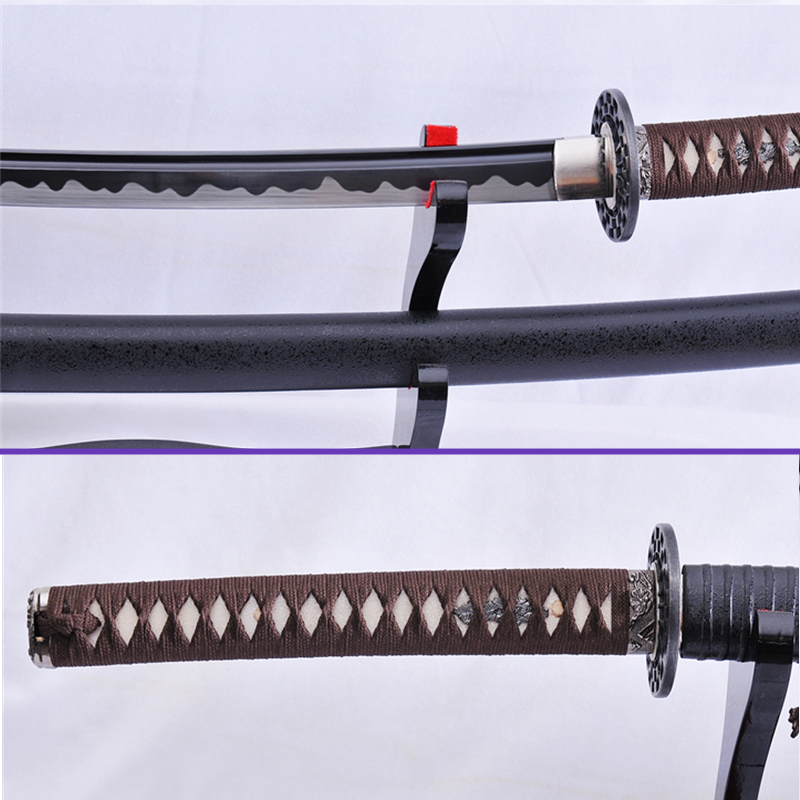 Same Habaki Menuki View - 1095 High-Carbon Abrasive Hamon Black Microplating Steel Blade - Half Rugged Black Premium Saya Katana - Swords For Sale