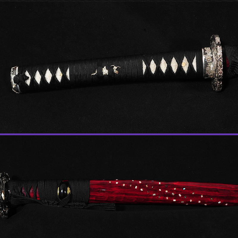 Same Menuki Sageo 1095 Folded Clay Tempered Notare Hamon Steel Blade - Complex Jungle Premium Brass Tsuba - Ultimate Red Seashell Saya Katana - Swords For Sale