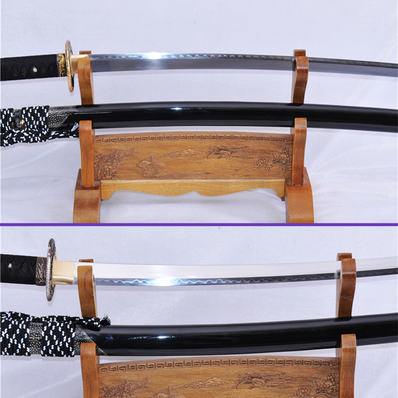 Habaki Blade View - 1095 Clay Tempered Gunome Hamon + Kiriha Zukuri Steel Blade - Gray Rayskin Black Premium Saya Katana - Swords For Sale