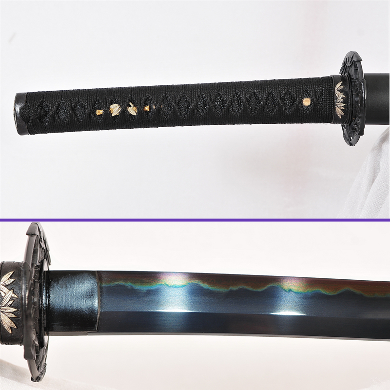 Habaki Same Menuki Fuchi - Sanmai Clay-Tempered Gunome Hamon Steel Blade - Full Black_Theme - The Jungle Iron Tsuba Katana - Swords For Sale