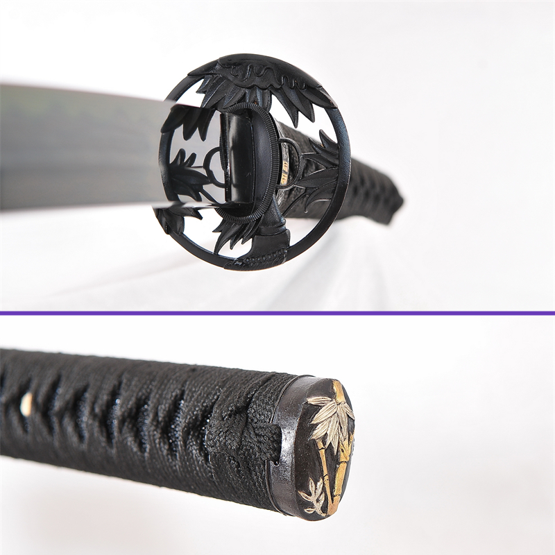 Tsuba Kashira- Sanmai Clay-Tempered Gunome Hamon Steel Blade - Full Black_Theme - The Jungle Iron Tsuba Katana - Swords For Sale