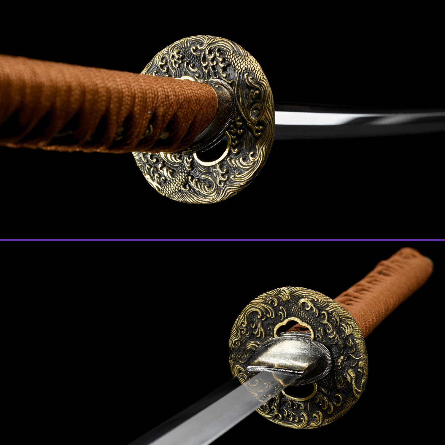 Tsuba Views - 1095 Clay-Tempered Gunome Hamon Steel Blade - Black & Brown Theme - Brown Rayskin Premium Saya - Swords For Sale