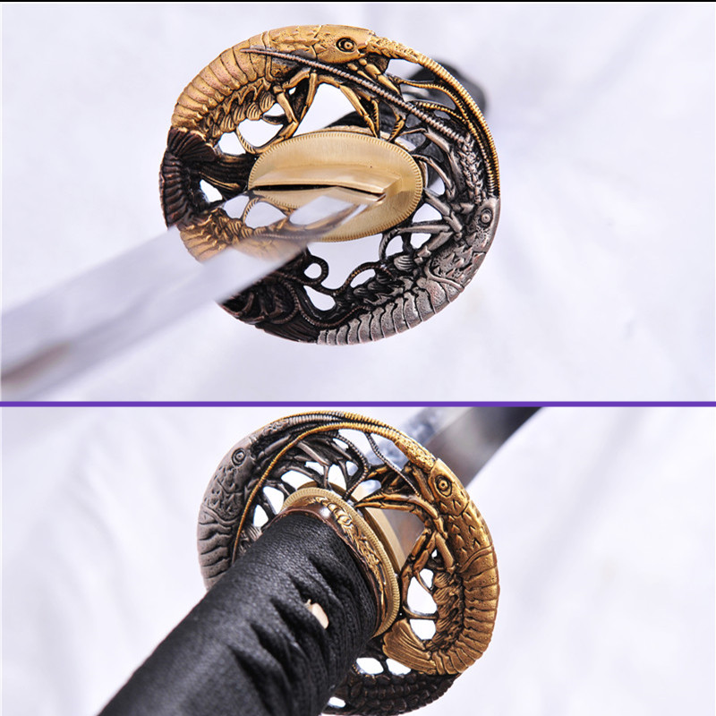 Tsuba Views - 1095 Clay Tempered Gunome Hamon + Kiriha Zukuri Steel Blade - Gray Rayskin Black Premium Saya Katana - Swords For Sale