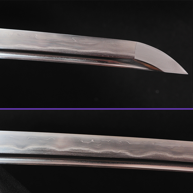 Blade Closeup -Sanmai Steel Blade with Between Wave and Straight Hamon & Waves DragonTsuba & Fittings - Black Saya Katana - Swords For Sale