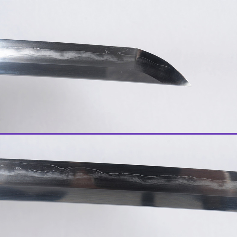 Blade Closeup - Sanmai Clay-Tempered Between Wave And Straight Hamon Steel Blade - Abstract Forest Iron Tsuba Katana - Swords For Sale