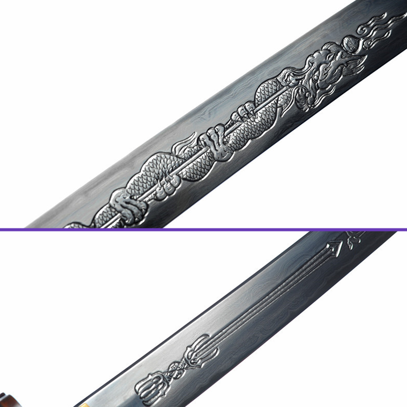 Blade Closeup View -1095 High-Carbon Engraved Dragon Steel Blade - Premium Black Embossed Saya Katana - Swords For Sale