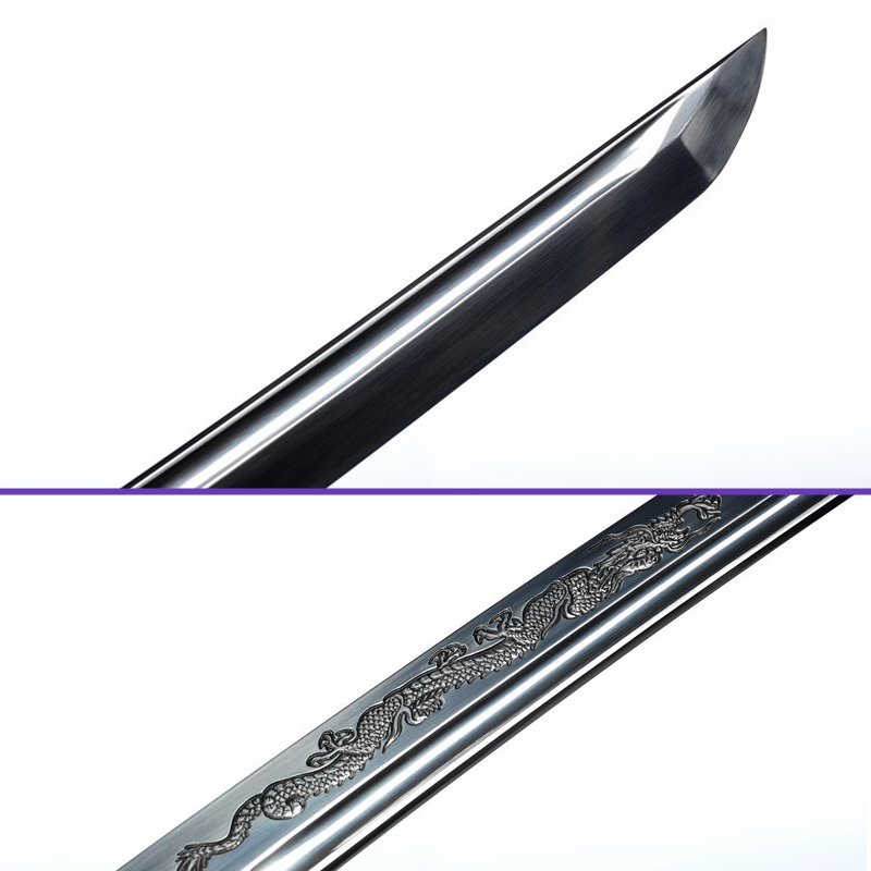 Blade Closeup--1095 High-Carbon Engraved Dragon Steel Blade - Light Hualee Wood Saya Katana - Swords For Sale