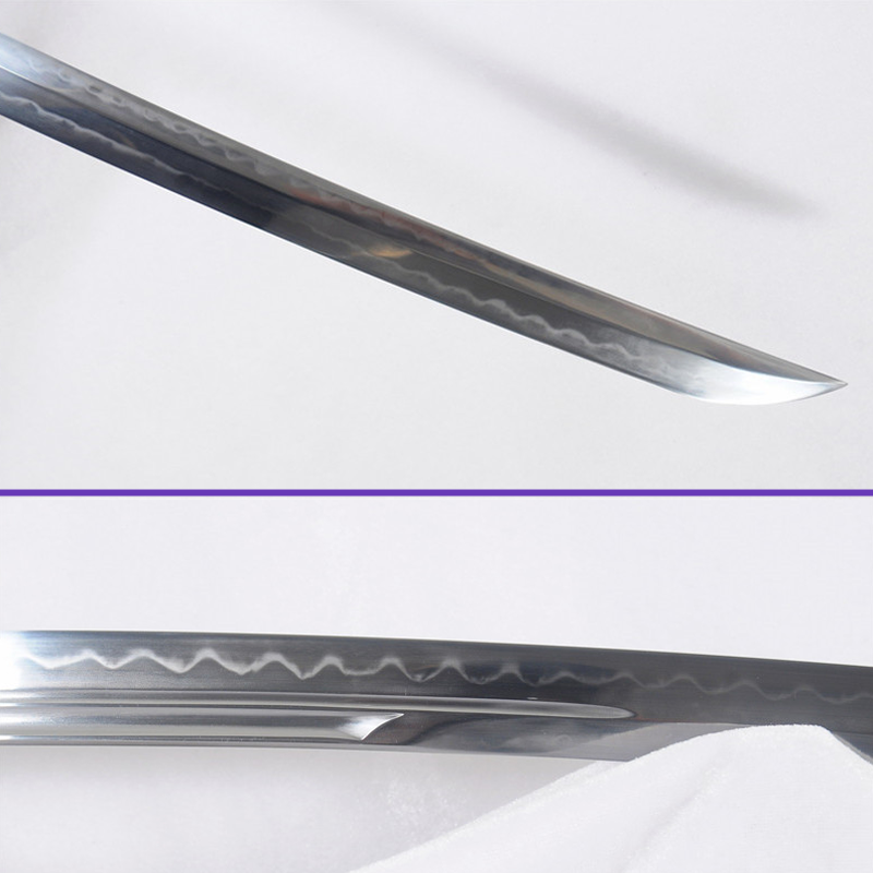 Blade Closeup View - 1095 High-Carbon Kanmuri-Otoshi Clay-Tempered Notare Hamon Steel Blade - Ultimate Saya Katana Swords For Sale