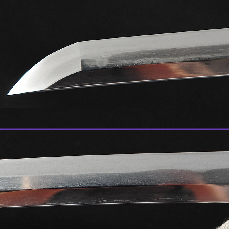 Blade Closeup Alternate - Sanmai Steel Blade with Sugu Hamon & Skull Shaped alloy r Tsuba & Fittings - Light Hualee Wood Saya Katana - Swords For Sale